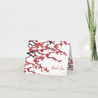 Tarjeta De Agradecimiento Flores de Sakura Rojas Florecen cerezos Boda asiát