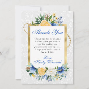 Tarjeta De Agradecimiento Flores de Verano Azules y Amarillas Quinceañera Do