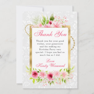 Tarjeta De Agradecimiento Flores de verano rosadas acuarela Cumpleaños dorad