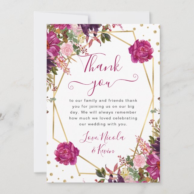 Tarjeta De Agradecimiento Flores de verano rosadas marco boda (Anverso)