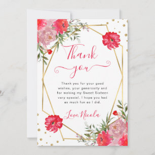 Tarjeta De Agradecimiento Flores de verano rosadas marco Sweet 16