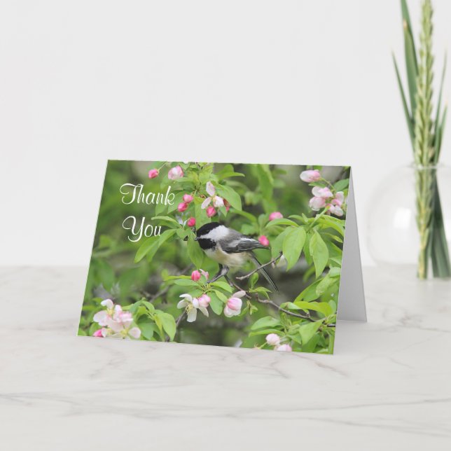 Tarjeta De Agradecimiento Flores del Chickadee y de la primavera (Anverso)