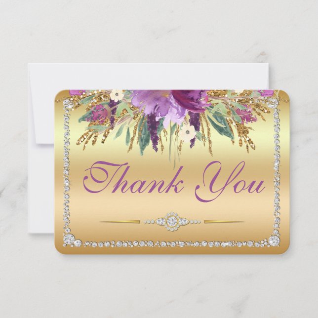 Tarjeta De Agradecimiento Flores Diamantes Boda Gracias Oro (Anverso)