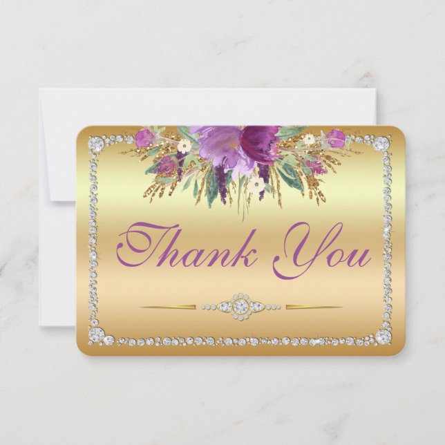 Tarjeta De Agradecimiento Flores Diamantes Boda Gracias Oro (Anverso)