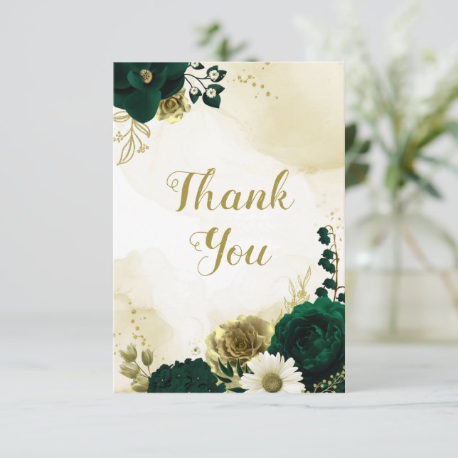 Tarjeta De Agradecimiento Flores doradas de marfil verde esmeralda asombrosa (Anverso de pie)