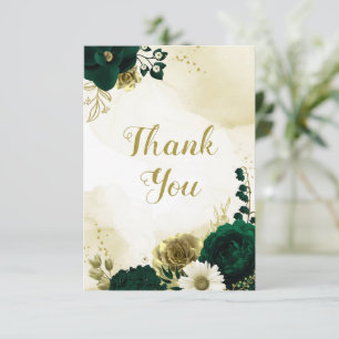 Tarjeta De Agradecimiento Flores doradas de marfil verde esmeralda asombrosa
