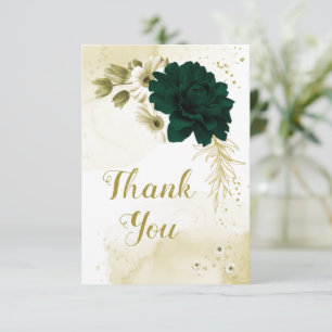 Tarjeta De Agradecimiento Flores doradas de marfil verde esmeralda asombrosa