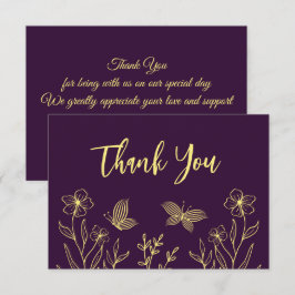 Tarjeta De Agradecimiento Flores doradas sencillas boda morada