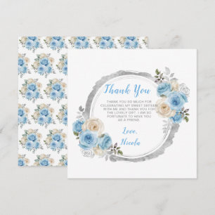 Tarjeta De Agradecimiento Flores Dusty Blue Silver Elegante Dulce Dieciséis