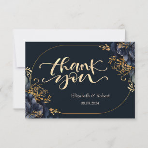 Tarjeta De Agradecimiento Flores elegantes de color azul marino