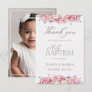 Tarjeta De Agradecimiento Flores Elegantes de Hortensia Rosa para Foto de Ba