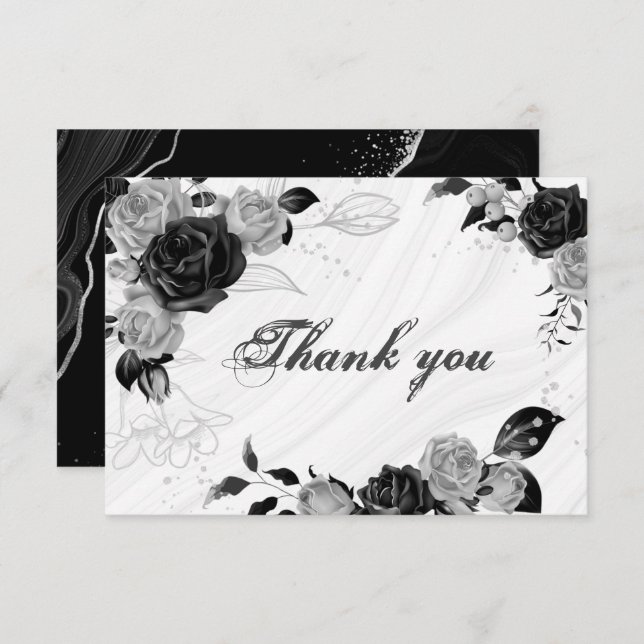 Tarjeta De Agradecimiento flores elegantes de plata y negro botánico (Anverso / Reverso)