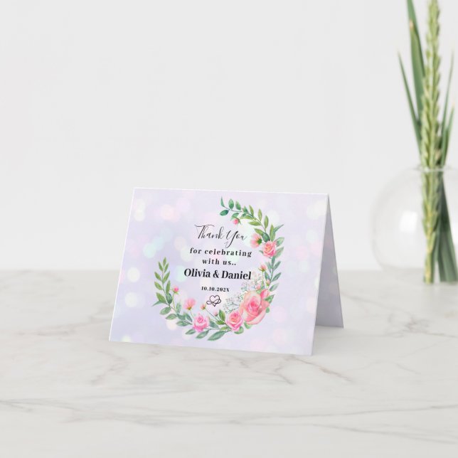 Tarjeta De Agradecimiento Flores Elegantes de Rosa Pastel Gracias Bodas (Anverso)