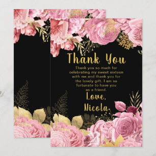 Tarjeta De Agradecimiento Flores elegantes de rosa y dorado Sweet Sixteen