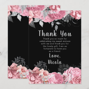 Tarjeta De Agradecimiento Flores Elegantes de Rosa y Plata Sweet Sixteen