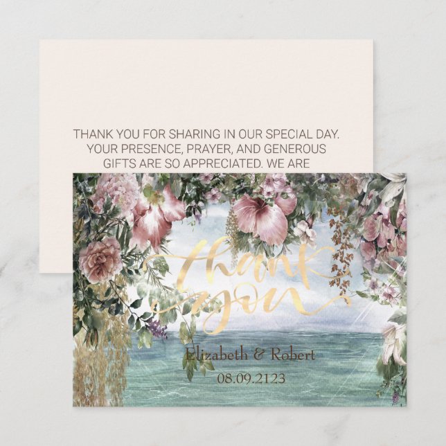 Tarjeta De Agradecimiento Flores Elegantes Océano  (Anverso / Reverso)