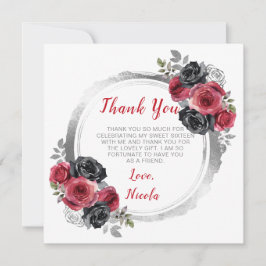 Tarjeta De Agradecimiento Flores elegantes rojas y plateadas dulces Dieciséi
