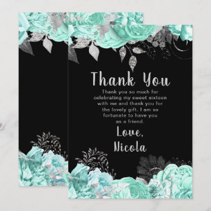 Tarjeta De Agradecimiento Flores elegantes verdes y plateadas Sweet Sixteen