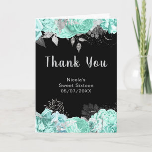 Tarjeta De Agradecimiento Flores elegantes verdes y plateadas Sweet Sixteen