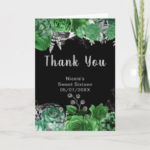 Tarjeta De Agradecimiento Flores elegantes verdes y plateadas Sweet Sixteen