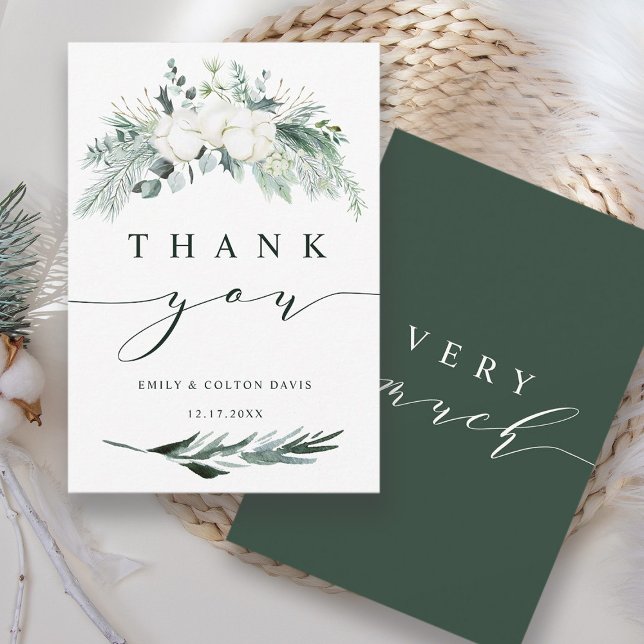 Tarjeta De Agradecimiento Flores Evergreen y Cotton Elegante Boda (Front & Back)