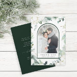 Tarjeta De Agradecimiento Flores Evergreen y Cotton Elegante Foto De Boda<br><div class="desc">Esta tarjeta de agradecimiento incluye vegetación de invierno pintada a mano,  flores de algodón con un armazón de arco. Para una personalización más avanzada de este diseño,  haga clic en el enlace "personalizar más adelante". También están disponibles los elementos coincidentes.</div>
