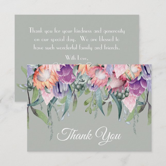 Tarjeta De Agradecimiento Flores exóticas tropicales de protea acuarela boda (Anverso / Reverso)