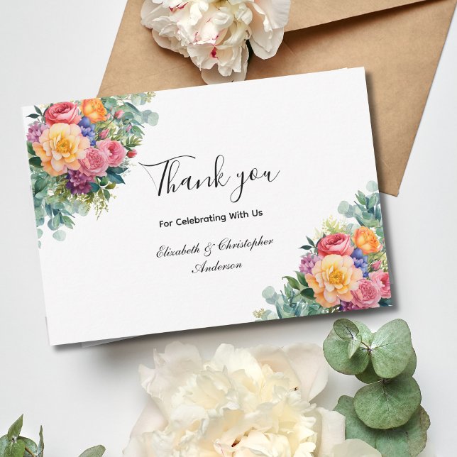 Tarjeta De Agradecimiento Flores florales amarillas rosadas Eucalyptus Boda (Personalized Pink Yellow Eucalyptus Greenery Wedding Thank you cards)