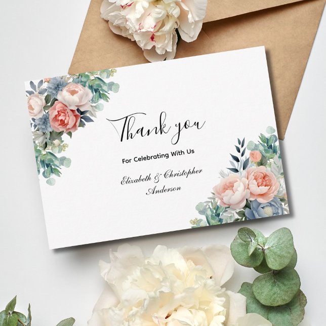 Tarjeta De Agradecimiento Flores Florales Azules Blancas Rosa Eucalipto Boda (Pink Blue Floral Eucalyptus Watercolor Elegant Wedding Thank you card)