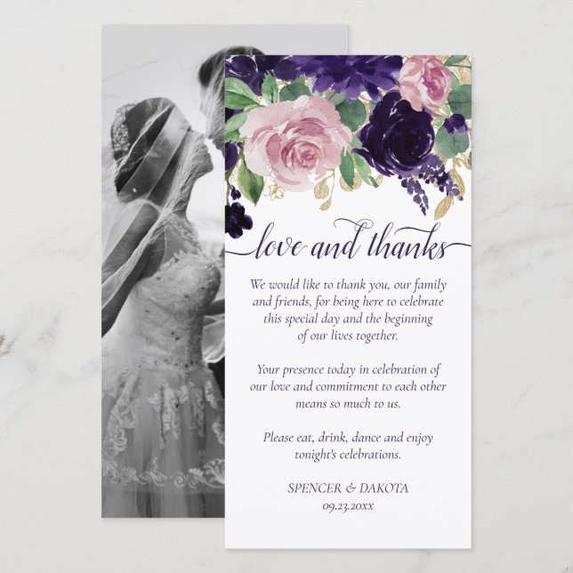 Tarjeta De Agradecimiento Flores | Foto floral de rosa morado y rosa (Anverso / Reverso)