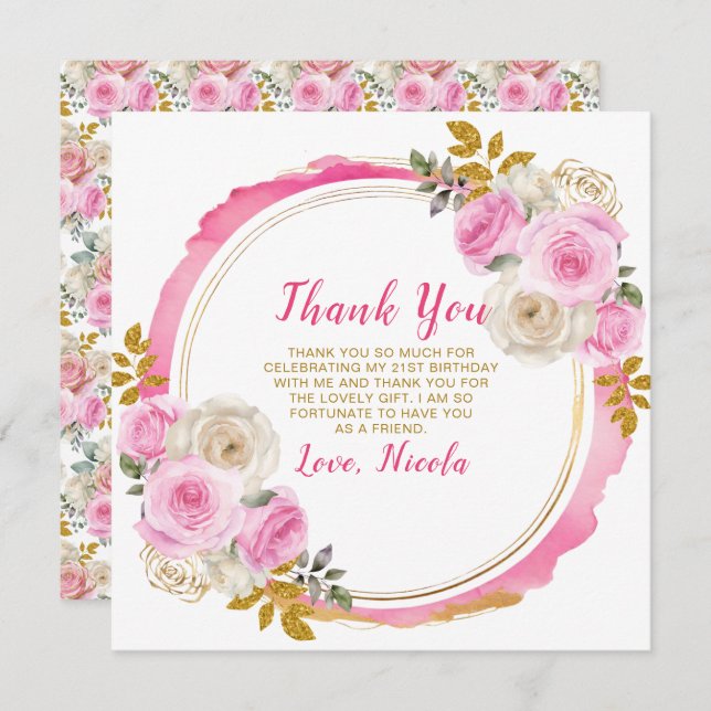 Tarjeta De Agradecimiento Flores lujosas rosa y doradas elegantes Cumpleaños (Anverso / Reverso)