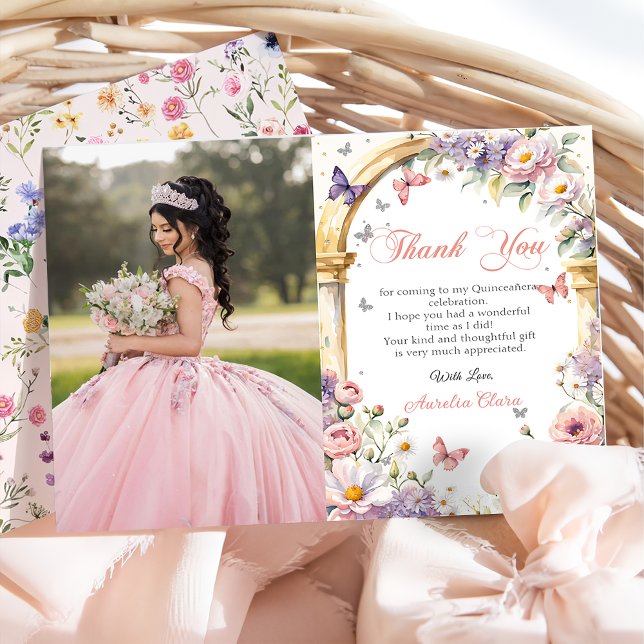 Tarjeta De Agradecimiento Flores Mariposas Lilac Quinceañera Foto (Subido por el creador)