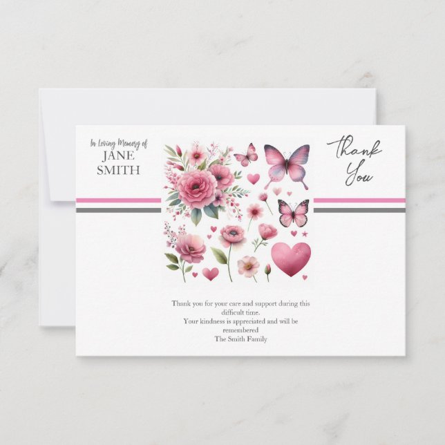 Tarjeta De Agradecimiento Flores Modernas y Mariposas Funeral (Anverso)