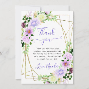 Tarjeta De Agradecimiento Flores Moradas Acuarela Marco Dorado Cumpleaños