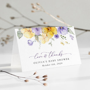 Tarjeta De Agradecimiento Flores moradas, flores amarillas, boho, Baby Showe