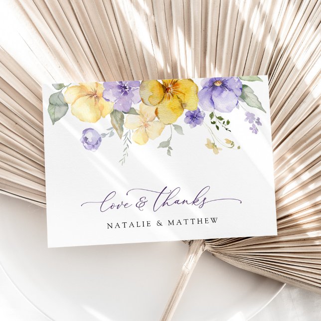 Tarjeta De Agradecimiento Flores Moradas, Flores Amarillas, Verdor, Boda (Subido por el creador)