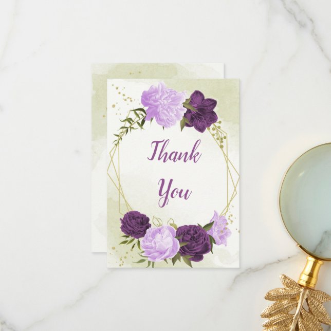 Tarjeta De Agradecimiento flores moradas hojas verdes boda (Anverso/Reverso In Situ)