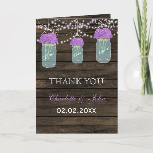 Tarjeta De Agradecimiento Flores moradas Mason Jars Barn Wood Boda (Anverso)