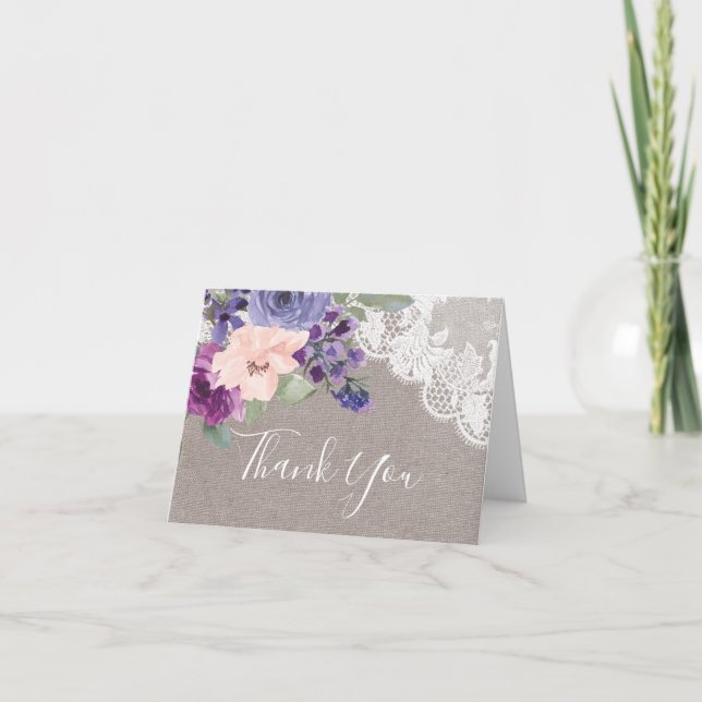 Tarjeta De Agradecimiento Flores moradas y Boda plegado de encaje (Anverso)