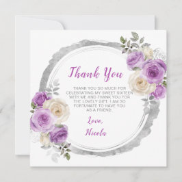Tarjeta De Agradecimiento Flores moradas y plateadas elegantes dulces Diecis