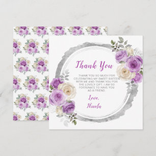 Tarjeta De Agradecimiento Flores moradas y plateadas elegantes dulces Diecis