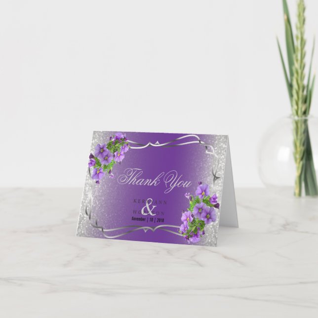 Tarjeta De Agradecimiento Flores moradas y Purpurina plateado - Gracias (Anverso)