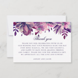 Tarjeta De Agradecimiento Flores moradas y rosadas en acuarela. Boda floral
