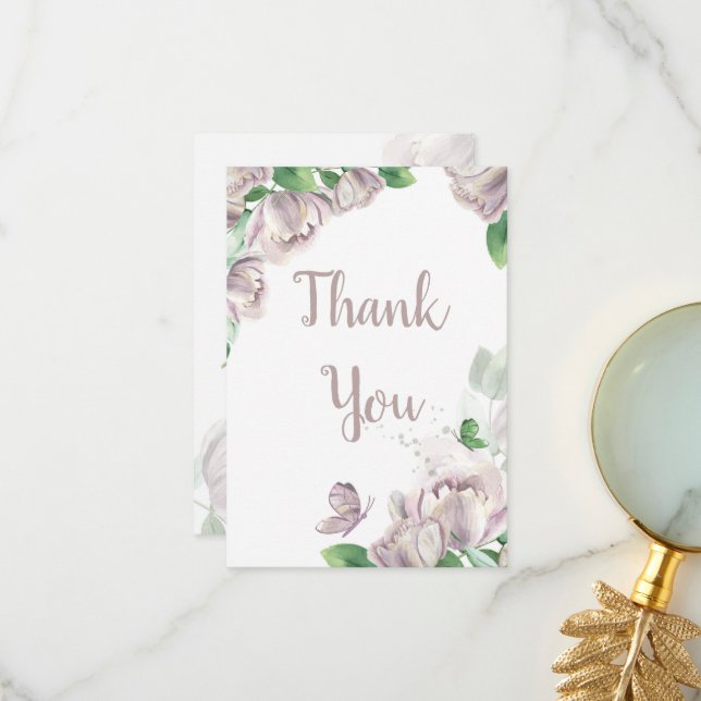 Tarjeta De Agradecimiento flores morados mariposas boda (Anverso/Reverso In Situ)