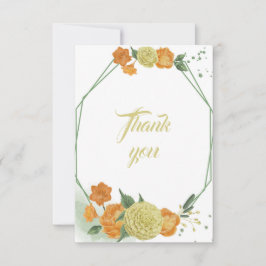 Tarjeta De Agradecimiento flores naranjas amarillas hojas verdes geométricas