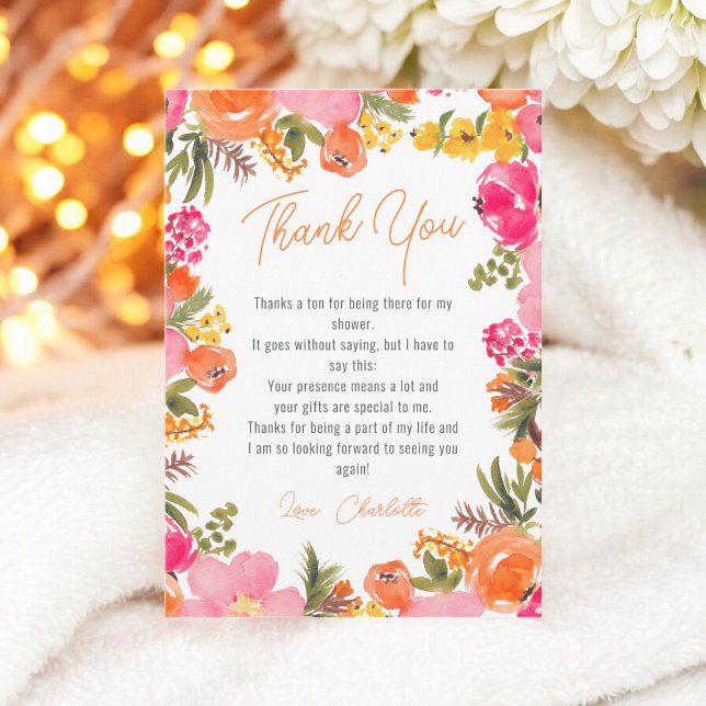 Tarjeta De Agradecimiento Flores naranjas modernas y atrevidas, ducha de nov (Modern bold orange flowers script bridal shower thank you card)