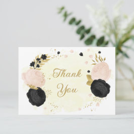 Tarjeta De Agradecimiento flores negras y rosas oro boda botánico gracias