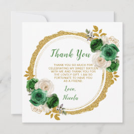 Tarjeta De Agradecimiento Flores Oscuras Verdes y Oro Elegantes Dieciséis