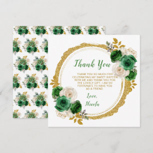 Tarjeta De Agradecimiento Flores Oscuras Verdes y Oro Elegantes Dieciséis
