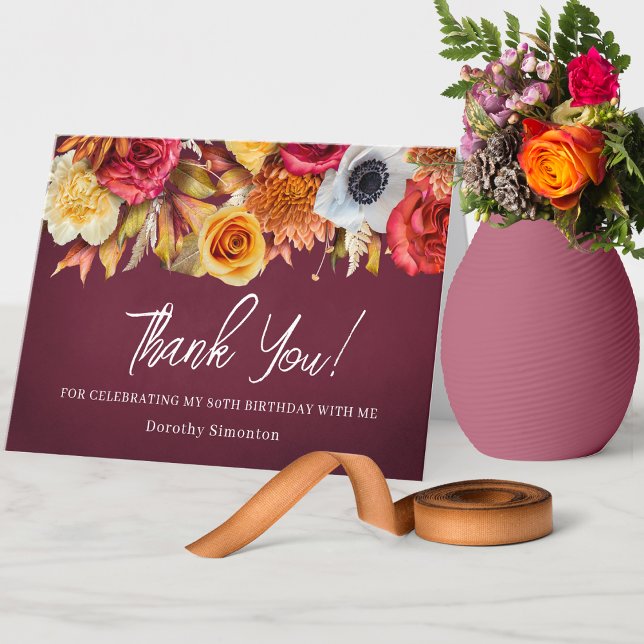 Tarjeta De Agradecimiento Flores otoñales 80 cumpleaños doblado (Lots of matching products available. Check out the 80th Birthday Burgundy Fall Flowers Collection!)